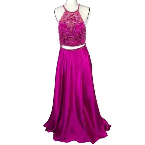 Mori Lee Fuchsia Embellished 2 Piece Prom Dress Size 10 Halter Gown - Picture 4 of 16